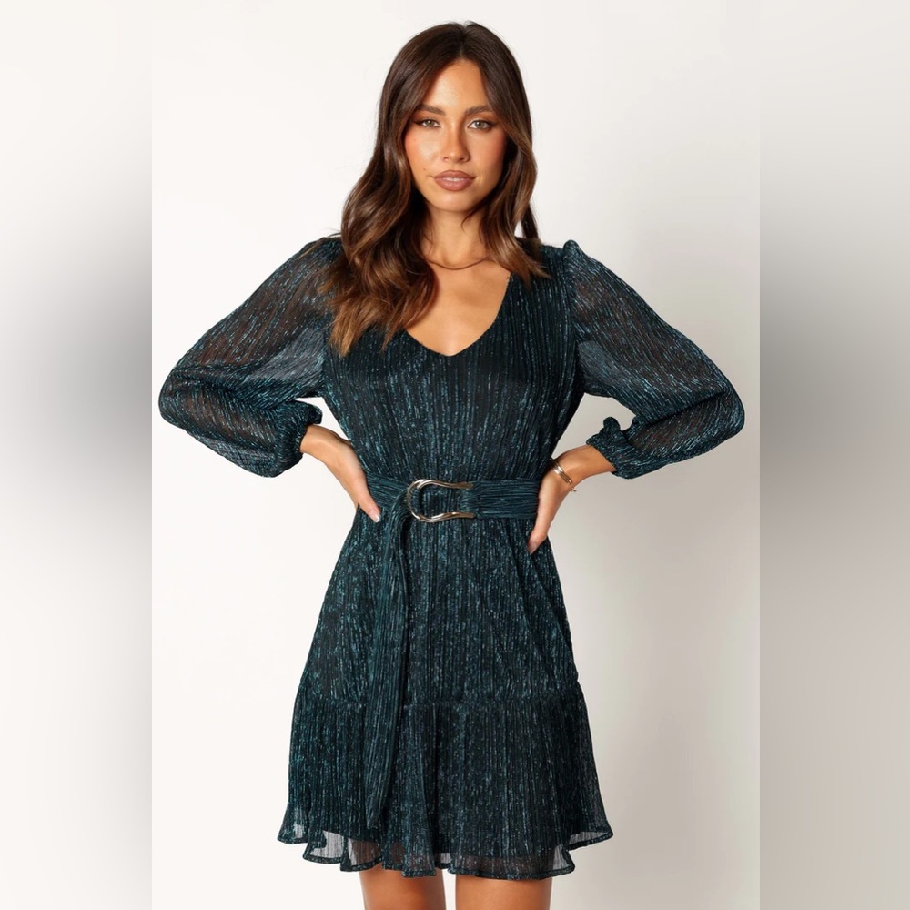 PETAL & PUP GLIMMER LONG SLEEVE MINI DRESS - BLUE - HOLIDAY PARTY DRESS